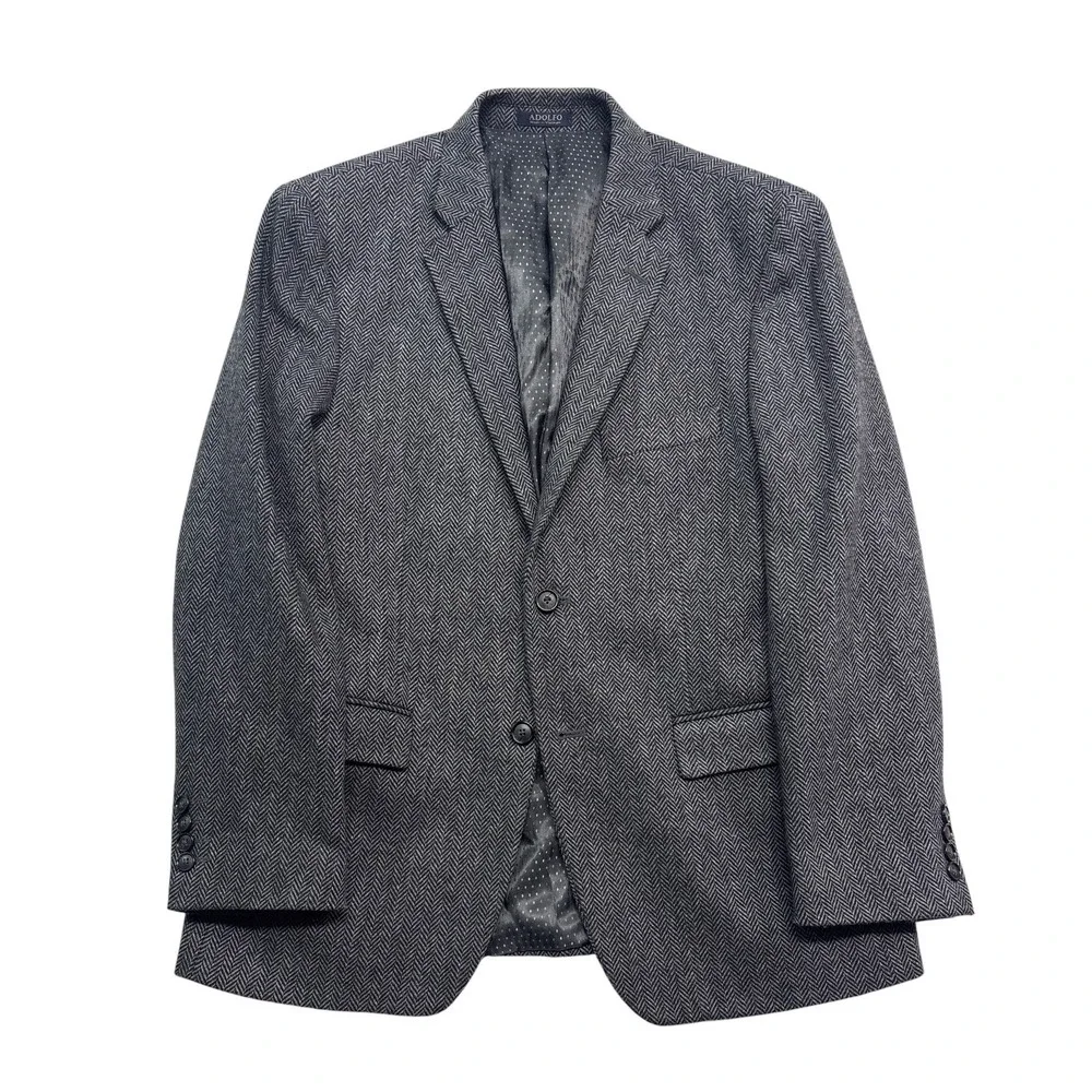 Adolfo 40S Gray Black Herringbone Tweed Lambswool Blazer Jacket Sport Suit Coat